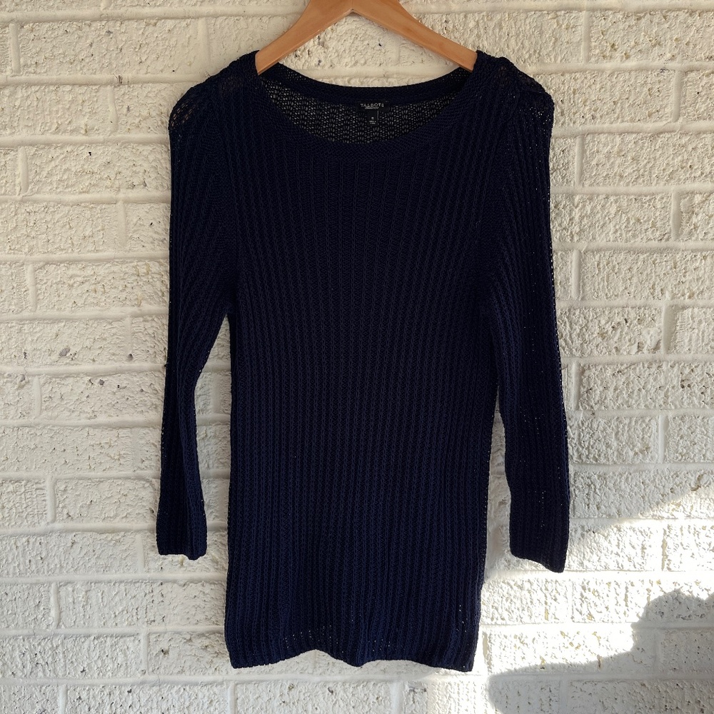 Talbots Navy Blue Mesh Knit Long Sweater